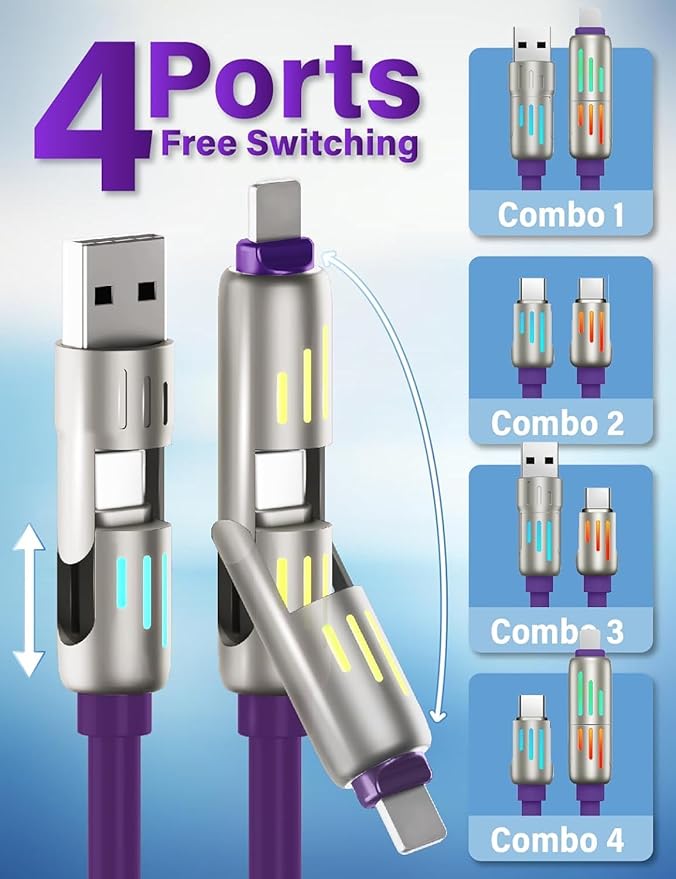240W 4-in-1 USB C Fast Charging Cable with Breathing Light